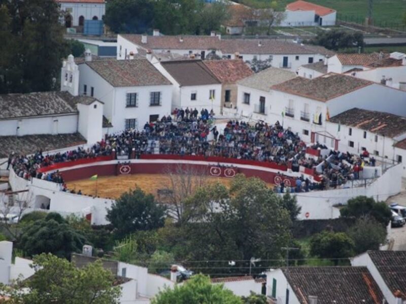 Escenario de una corrida de toros en un pueblo andaluz, rodeado por una multitud en el ruedo y alrededor de las casas blancas con tejados rojos.