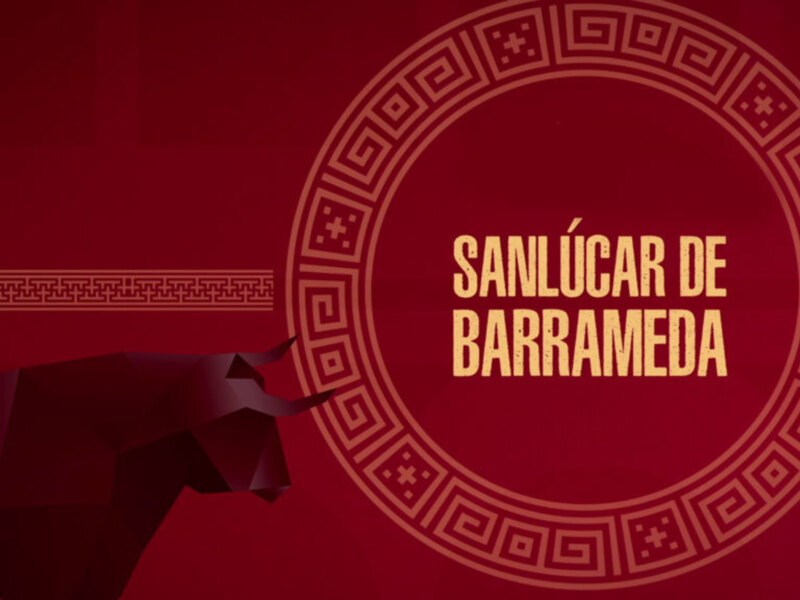 Ilustración geométrica con el texto 'Sanlúcar de Barrameda' en un diseño circular con patrones tradicionales.