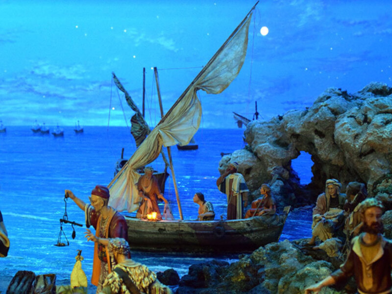 Escena de marina con figuras en barco y costas rocosas bajo un cielo nocturno con luna llena.