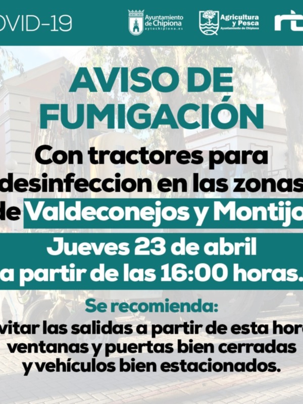 Aviso de fumigación y desinfección en Valdeconejos y Montijo el jueves 23 de abril a partir de las 16:00 horas.
