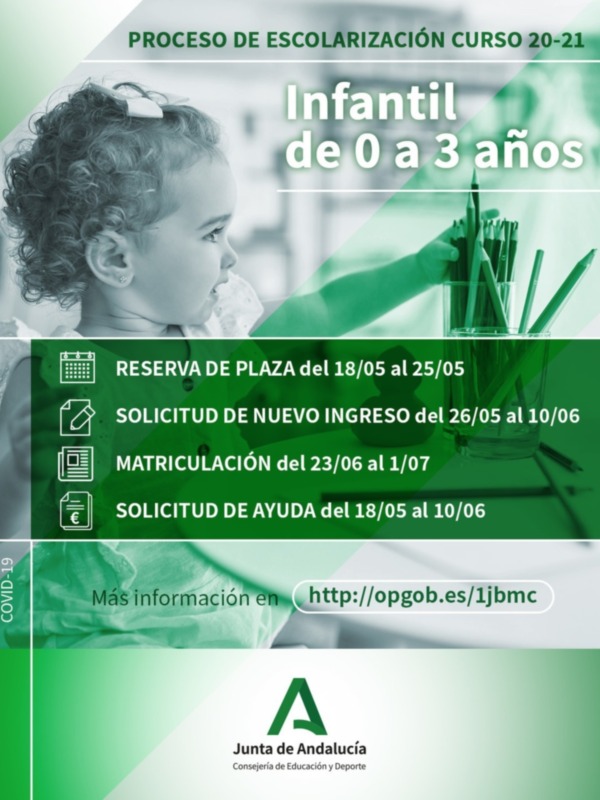 Infantil de 0 a 3 años. Reserva de plaza del 18/05 al 25/05. Solicitud de nuevo ingreso del 26/05 al 10/06. Matriculación del 23/06 al 1/07. Solicitud de ayuda del 18/05 al 10/06. Información en http://opgob.es/jjmcc