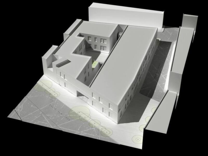 Modelo 3D de un edificio moderno con varios pisos y detalles arquitectónicos.