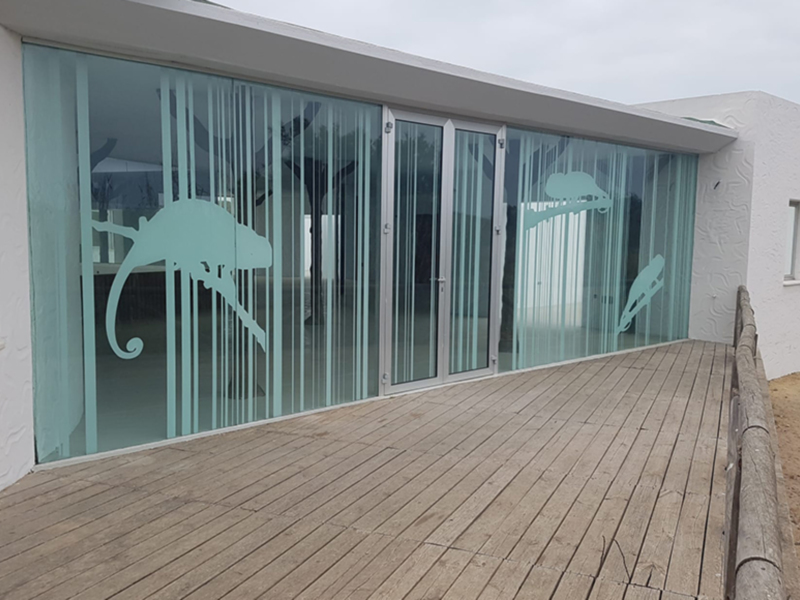 Exterior de un edificio con ventanas de cristal y diseño de insecto en la fachada, sobre un piso de madera.