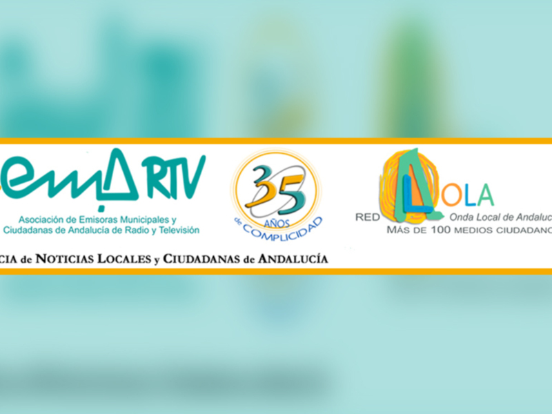 Logos de la Asociación de Emisoras Municipales y Ciudadanas de Andalucía de Radio y Televisión, con el lema 'Onda Local de Andalucía' y la celebración de 35 años de Complicidad.