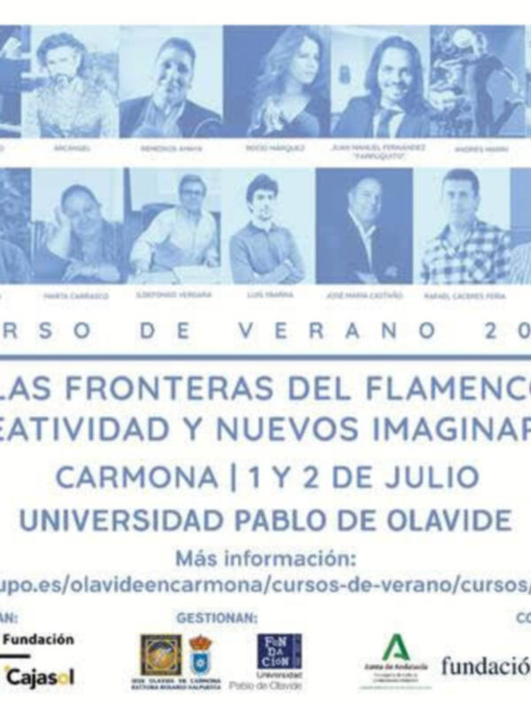 Cartel del Curso de Verano 2021 de la Universidad Pablo de Olavide sobre las fronteras del flamenco, creatividad y nuevos imaginarios en Carmona, 1 y 2 de julio.