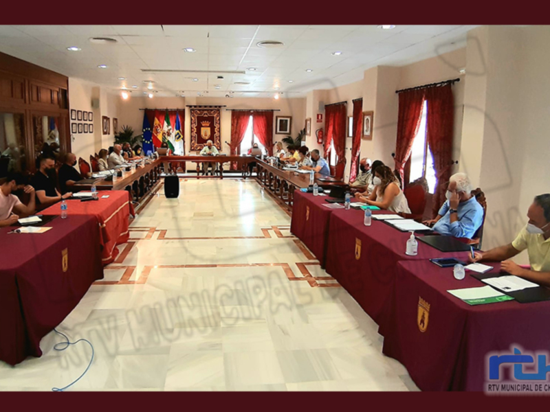 Reunión de comité en una sala bien iluminada con mesas cubiertas de mantel rojo