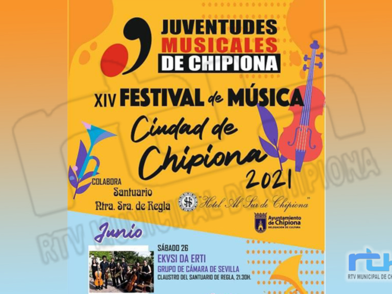 Afiche del XIV Festival de Música Ciudad de Chipiona 2021, con detalles sobre la fecha y el lugar del evento.