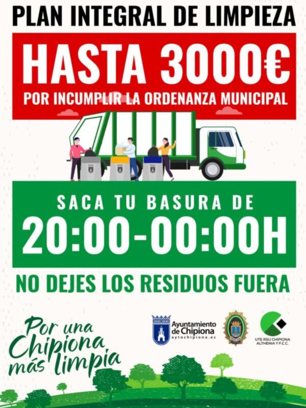 Cartel informativo sobre el Plan Integral de Limpieza de Chipiona, que recuerda a los ciudadanos el horario de recogida de basura y la importancia de mantener la ciudad limpia.