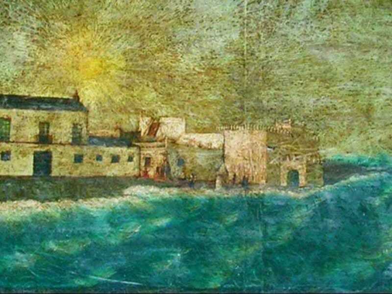 Pintura de un paisaje costero con edificios y olas en el mar.