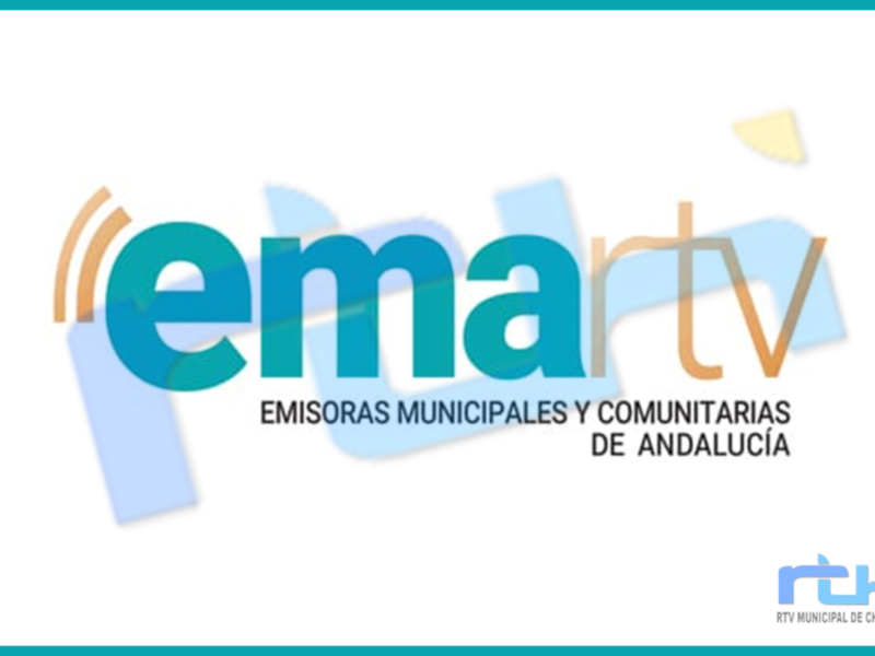 Logotipo de Emartv, emisora municipal de Andalucía, con un diseño moderno y colorido que incluye elementos gráficos relacionados con la comunicación y la tecnología.
