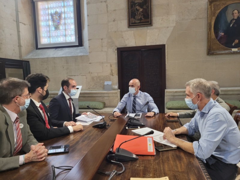 Reunión de trabajo en un entorno formal, con participantes en trajes y mascarillas, discutiendo en una sala histórica con decoración clásica.
