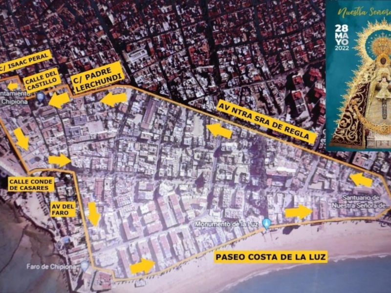 Mapa detallado de la ruta de la procesión de Nuestra Señora de Regla, con indicaciones de calles y monumentos relevantes para la celebración.