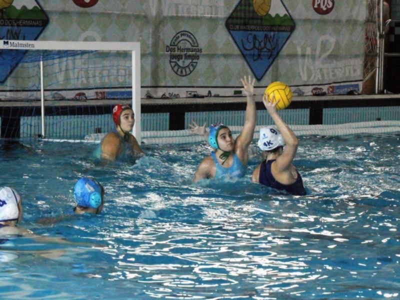 Jugadores de waterpolo en acción en una piscina interior, con el objetivo de marcar un gol. El equipo azul intenta controlar la pelota, mientras que el equipo rojo defiende. La imagen captura el entusiasmo y la competencia de la competición.