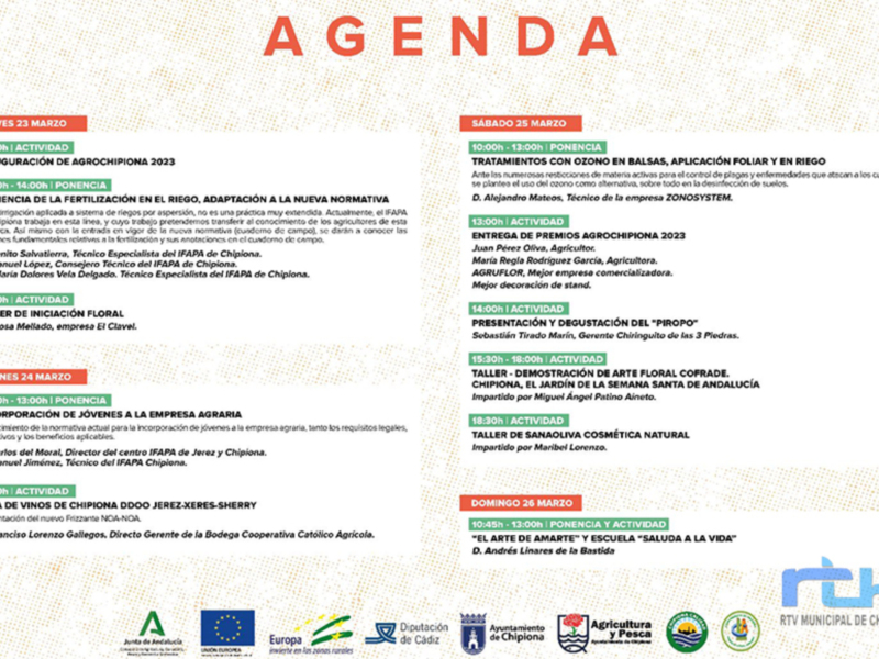 Agenda de la Feria Agrochippiona 2023 con actividades relacionadas con el riego, fertilización y agricultura sostenible.