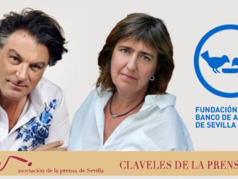 Dos personas posan junto a la logo de la Fundación Banco de Alimentos de Sevilla, promoviendo la claveles de la prensa 2023.