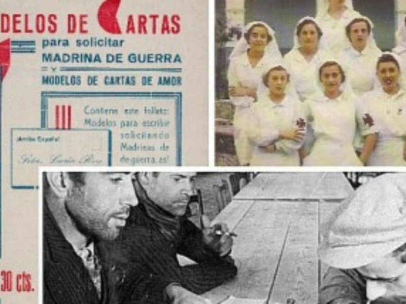 Colección de tarjetas postales de la época de la Guerra Civil Española, incluyendo modelos para madrinas de guerra y escenas de soldados.