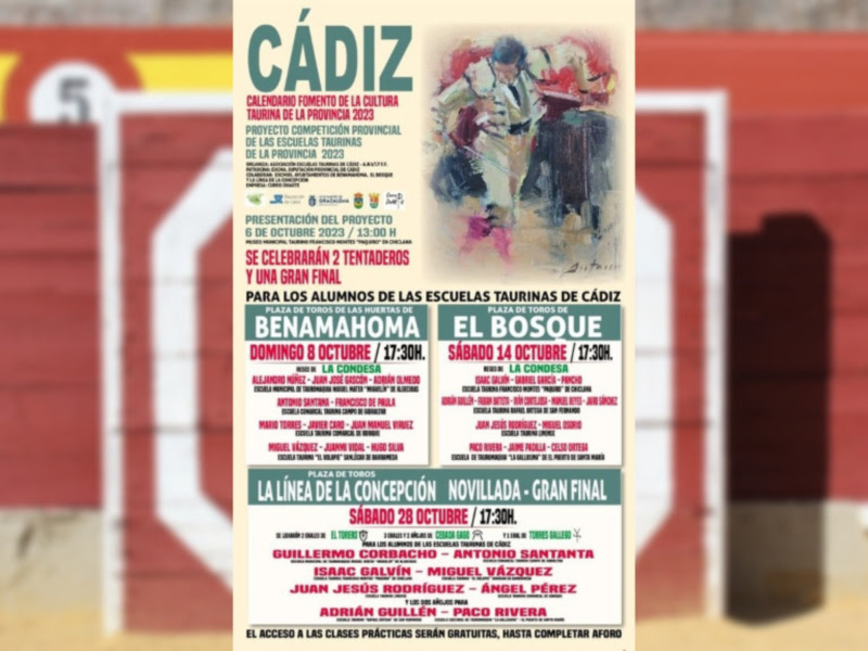 Afiche del calendario de la cultura taurina de Cádiz, 2023, con eventos y fechas de toros en la plaza de toros de Cádiz.