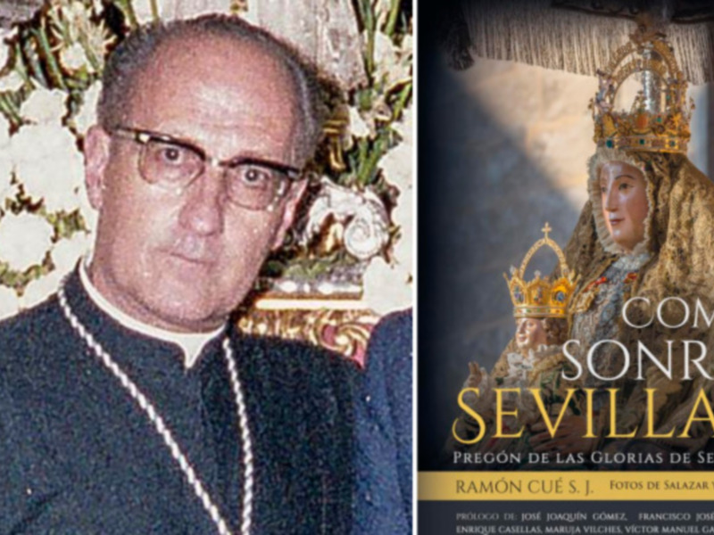 Retrato del Cardenal Ramón Cué junto a la portada del pregón de las Glorias de Sevilla, dedicado a la Virgen del Rocío.
