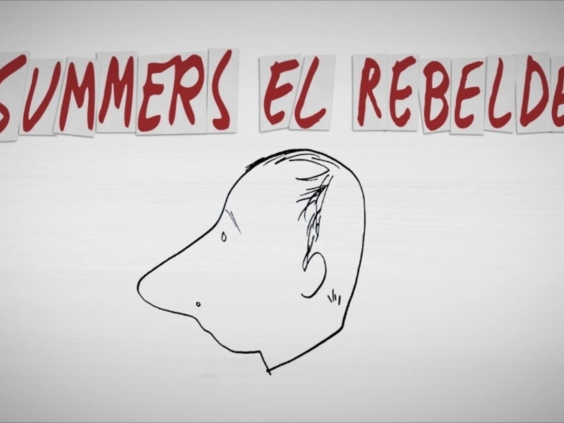 Una ilustración de un perfil de cabeza con el texto 'SUMMERS EL REBELDE' escrito en rojo sobre un fondo blanco.
