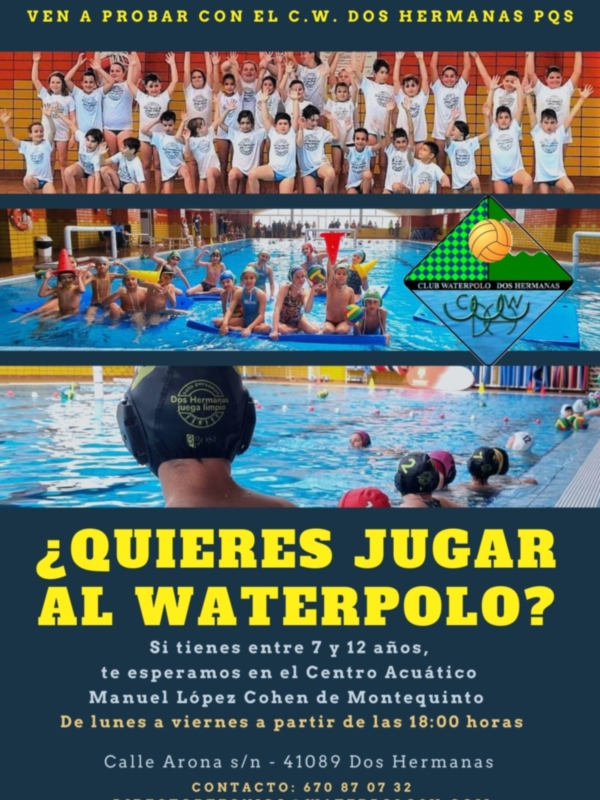 Cartel informativo sobre el Waterpolo en un centro acuático para niños de 7 a 12 años. Incluye contacto y horario de atención.