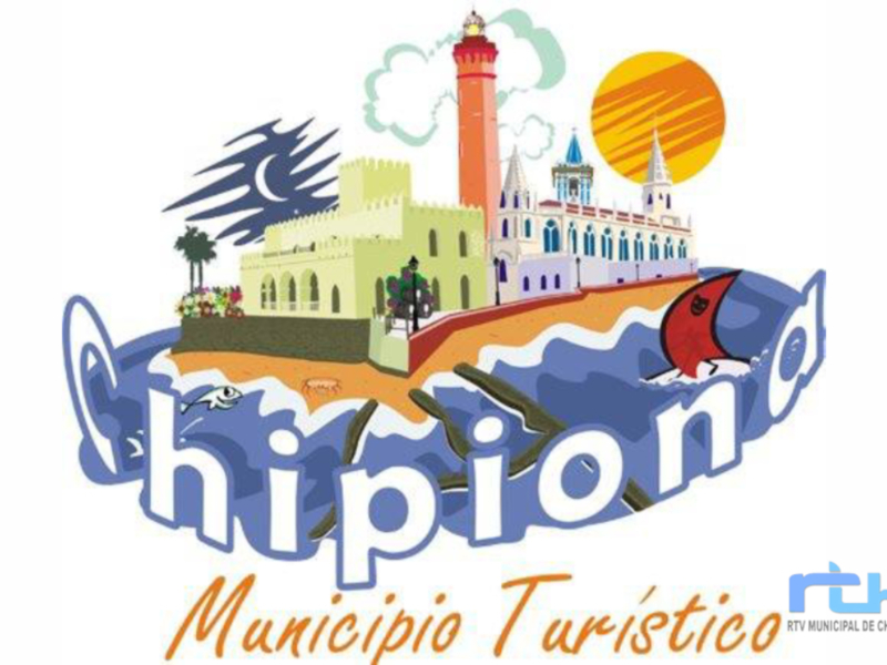 Logotipo del Municipio de Chipiona, con elementos simbólicos como un faro, un castillo y un sol, representando su identidad cultural y turística.