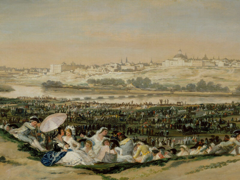 A lively scene of a historical gathering with people dressed in elegant attire, sitting and standing on a grassy hill overlooking a cityscape with a prominent building featuring a dome, under a hazy sky.