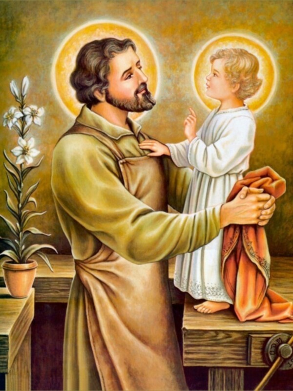 Saint Joseph holding the Christ Child, a revered figure in Christian iconography, symbolizing protection, guidance, and the role of a father figure in the Christian faith.
