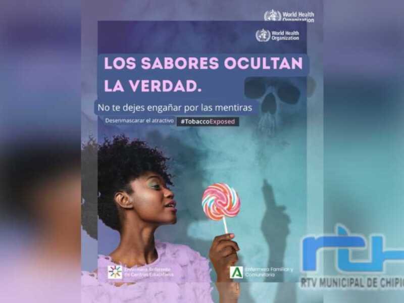 Una campaña de la Organización Mundial de la Salud sobre el tabaco, enfatizando que los sabores ocultan la verdad y advirtiendo contra mentiras sobre el producto.