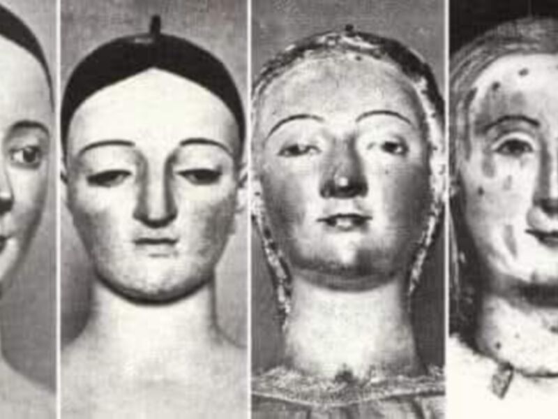 Estas imágenes muestran cuatro retratos antiguos de personas, posiblemente de la Edad Media o Renacimiento, con expresiones serias y detalles en los rostros.