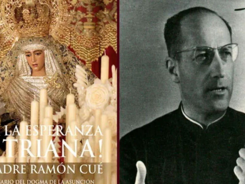 A una figura religiosa vestida con un manto y tocado, junto a una fotografía de un sacerdote. La frase "¡Viva la Esperanza de Triana!" se encuentra en el texto inferior, junto con información sobre un 75º aniversario del dogma de la Asunción.