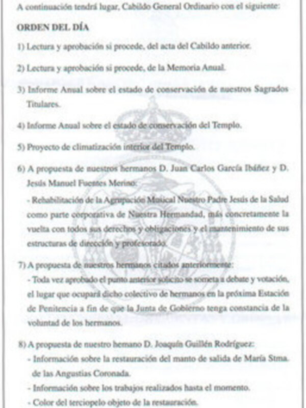 Este documento detalla un programa de trabajo que incluye lecturas, aprobaciones, informes sobre el estado del templo y la restauración de su interior.