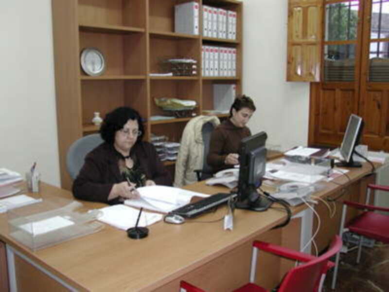 Dos personas trabajando en una oficina con estanterías, escritorios y sillas rojas.
