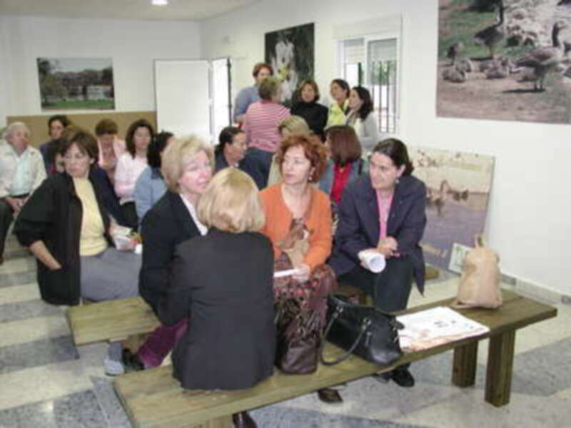 Una sala de conferencias con mujeres sentadas en bancos, conversando y viendo un cartel informativo.