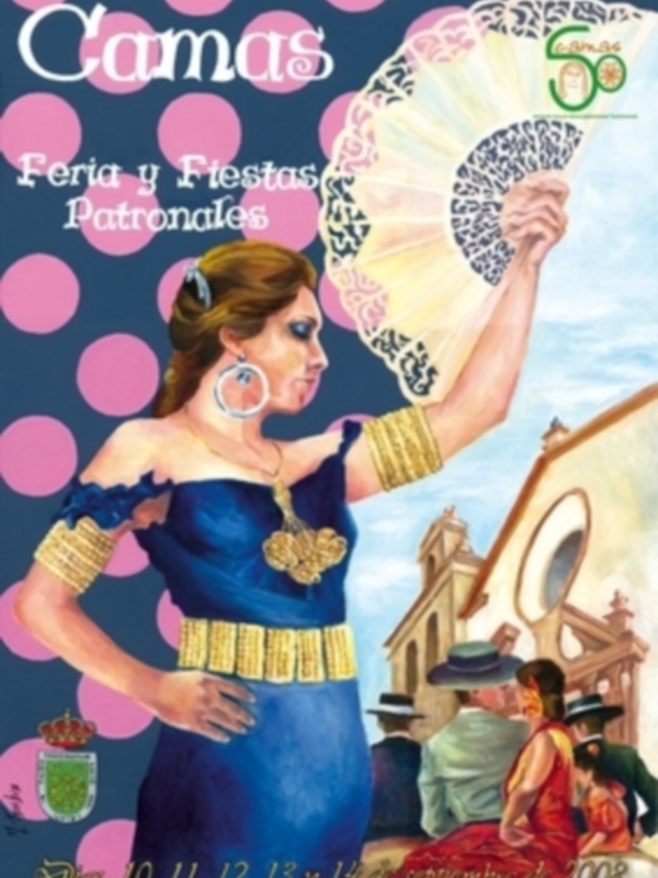 Cartel anunciando la Feria y Fiestas Patronales de Camas en septiembre de 2008, con una imagen de una mujer en traje típico y un fondo de gente celebrando.