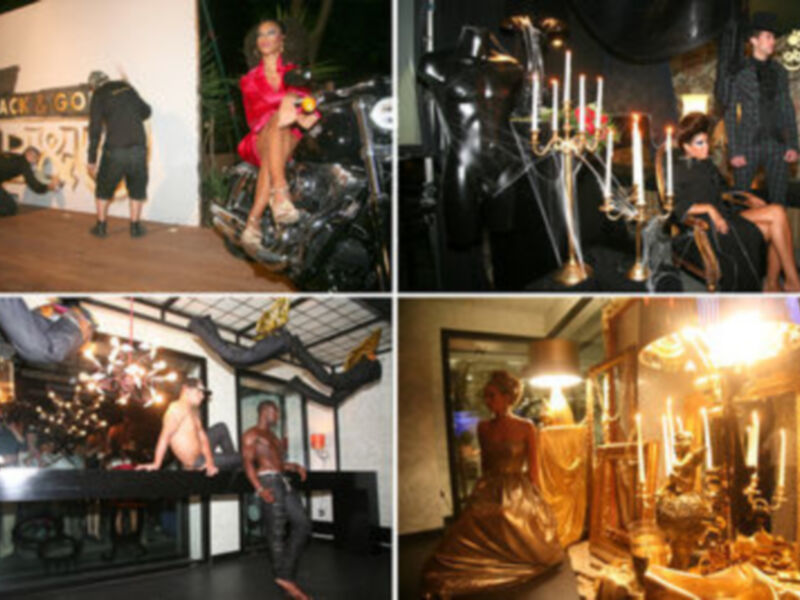 Sociedad elegante en un evento nocturno con decoración sofisticada y luces cálidas.