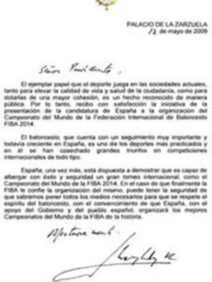 Carta de apoyo del Rey Juan Carlos I a la candidatura de España para el mundial 2014 de baloncesto