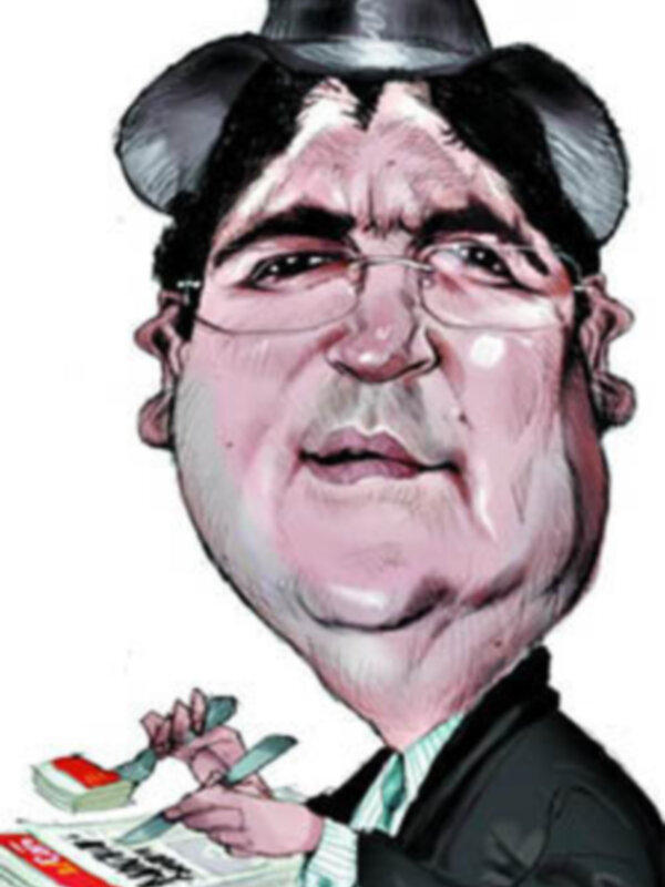 Caricatura de un hombre con gafas y barba, sosteniendo un cuchillo y un libro abierto. Se parece a un personaje de la serie 'The Office'.
