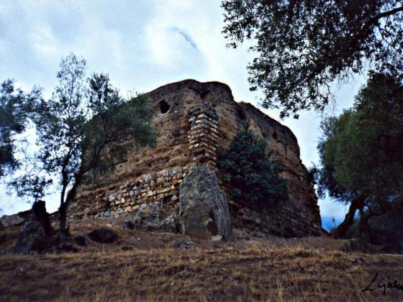 Ruinas antiguas en un entorno natural rodeado de árboles y piedras.