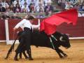 Un torero manejando un toro en una corrida de toros, con público en el fondo.
