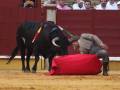 Un torero cae al suelo mientras un enorme toro negro con cuernos se acerca. El torero lleva una chaqueta beige y pantalones grises, mientras que el toro está adornado con una correa roja y verde. La escena se desarrolla en un anfiteatro rodeado de muros rojos y amarillos, con espectadores observando la acción.