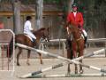 Dos jinetes a caballo saltan sobre una cerca de obstáculo en un campo de entrenamiento. El jinete delantero viste una chaqueta blanca y el de atrás, una chaqueta roja. El fondo muestra un edificio con techo de ladrillo y árboles en el exterior.