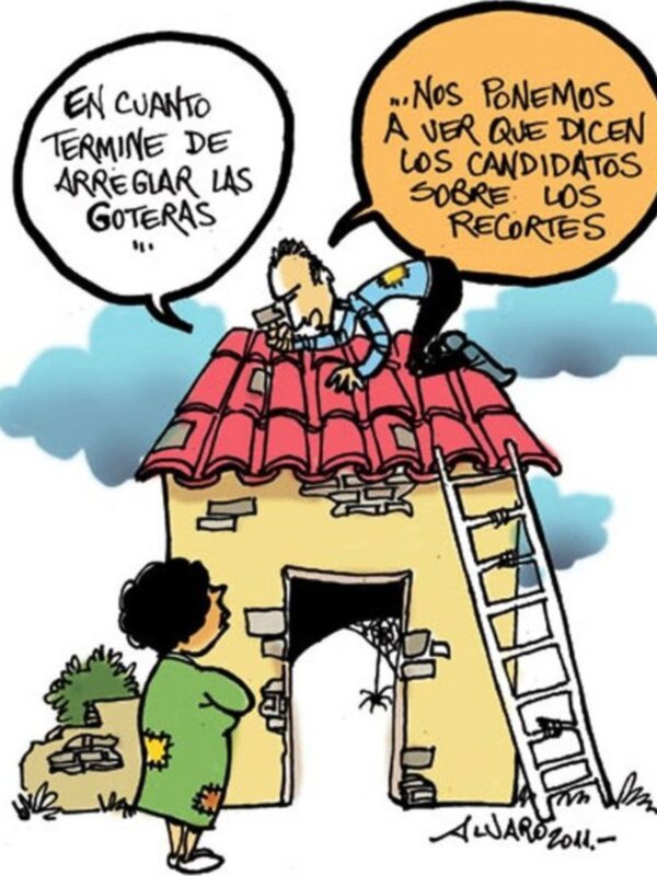 Un hombre en el techo intenta arreglar goteras mientras una mujer observa con preocupación. Los diálogos sugieren preocupación por los problemas de vivienda y las promesas de solución.