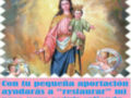 Una escena religiosa con la Virgen María y el Niño Jesús, rodeados por ángeles. La frase en la parte inferior dice: "Con tu pequeña aportación ayudarás a 'restaurar' mi paso para seguir saliendo bendiciendo a tod@s por las calles de SEVILLA."