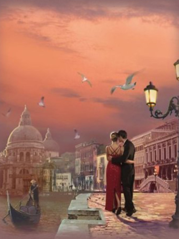 Romance bajo el cielo de Venecia, con la Basílica de Santa María della Salute y gondoleros en el fondo.