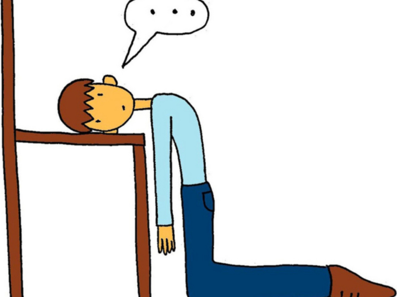 Una ilustración de una persona con el torso apoyado en una mesa, con una expresión pensativa en su rostro.