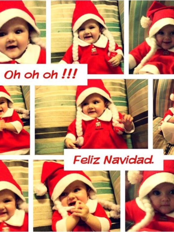 ¡Feliz Navidad! Un collage de fotos con bebés vestidos de Santa Claus, sonriendos y mostrando alegría.