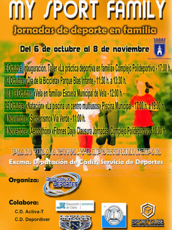 Jornadas de deporte en familia del 6 al 8 de noviembre. Actividades incluyen talleres, días de la bicicleta y actividades en familia. Organizadas por la Delegación de Deportes, Dpto. de Cádiz y C.D. Activacta-T.