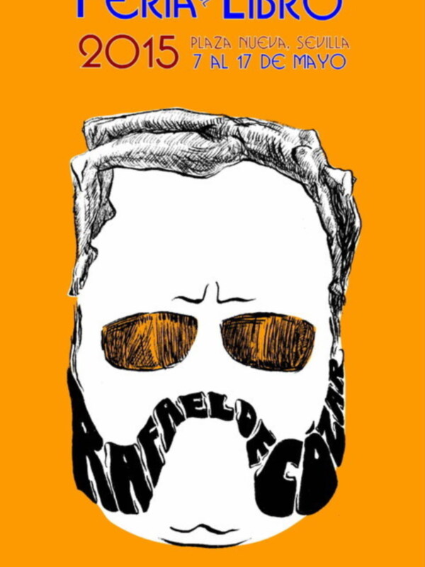 Cartel de la Feria del Libro de Sevilla 2015, con un diseño gráfico de un rostro abstracto sobre fondo naranja.