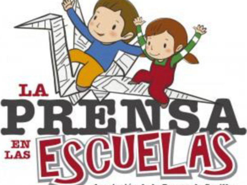 Logotipo de la Asociación de la Prensa de Sevilla, con dos niños saltando sobre un papel.