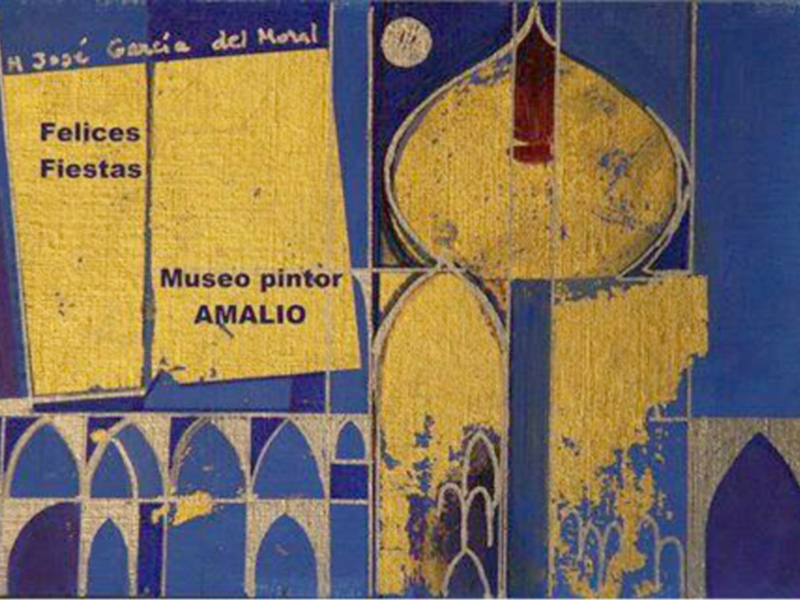 Portada de un libro con diseño abstracto en azul y amarillo, titulado "Fiestas Felices" de H. José García del Moral y "Museo pintor AMALIO".